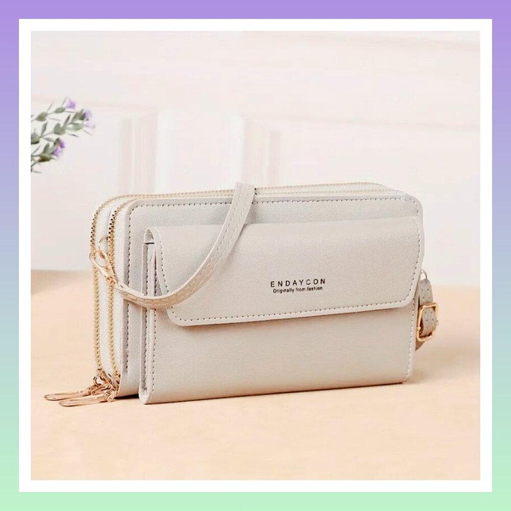 Sophisticated Grey Wallet with Detachable Chain Strap - Elegant and Versatile